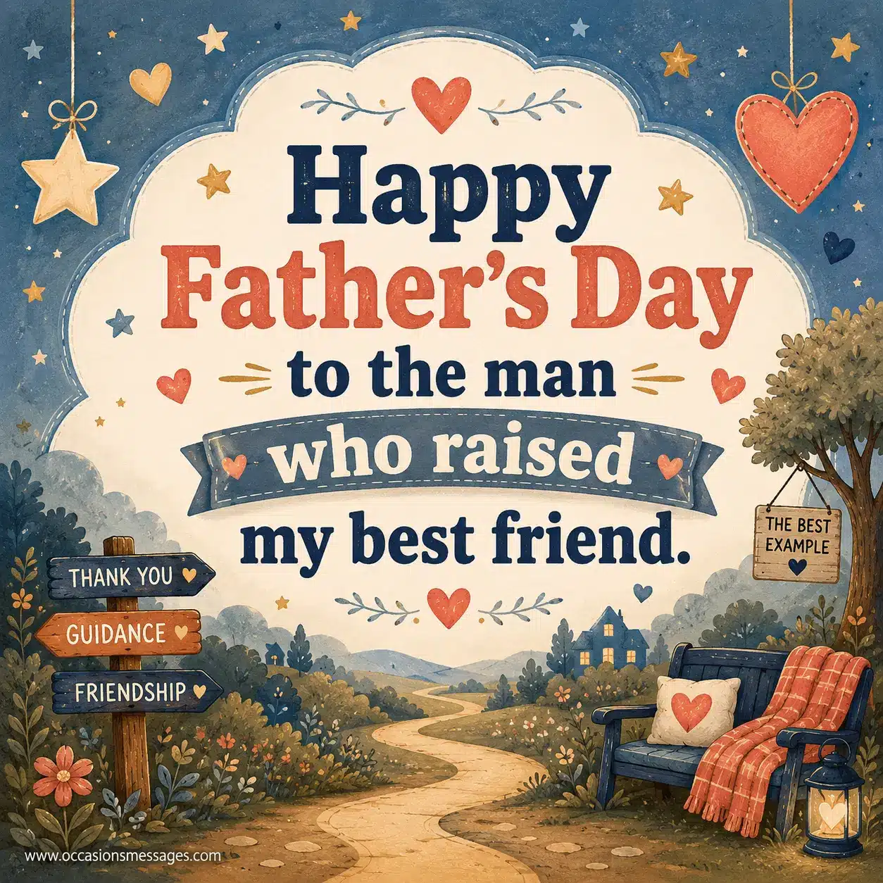 Heartwarming Father's Day quote graphic honoring a father-in-law who raised a beloved friend, featuring friendship-inspired decorative illustrations and warm colors.