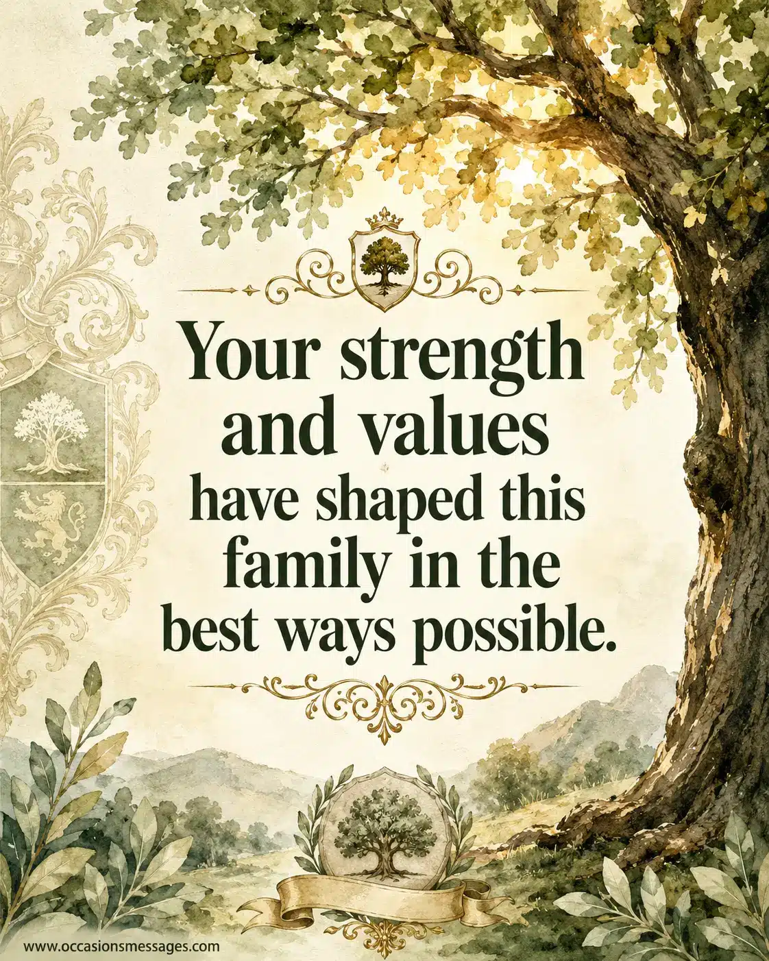 Watercolor family values themed Father's Day image with a strong oak tree illustration representing strength, leadership, and positive influence within the family.