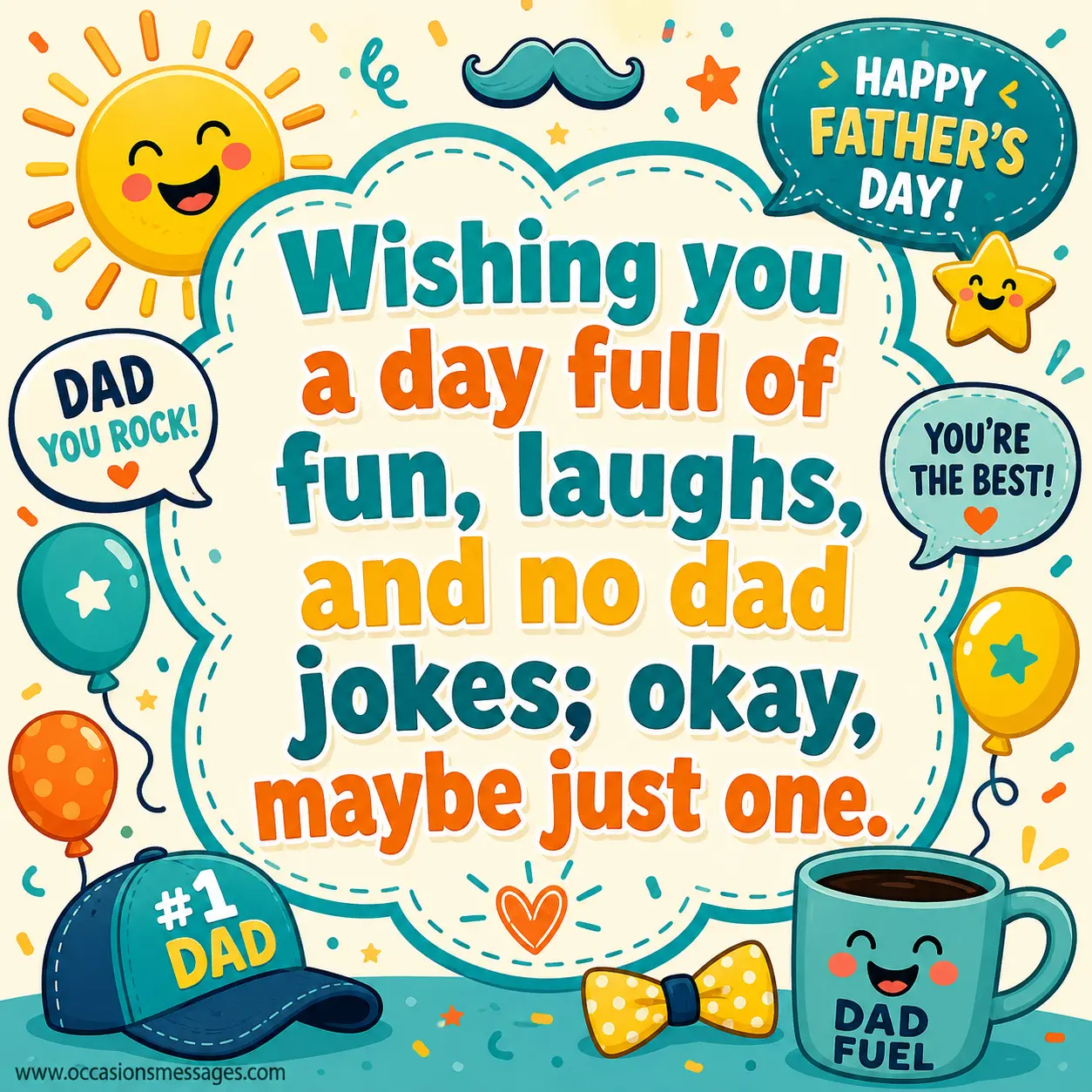 Fun and cheerful Father's Day social media quote card celebrating humor, laughter, family joy, and classic dad jokes in a colorful cartoon style.