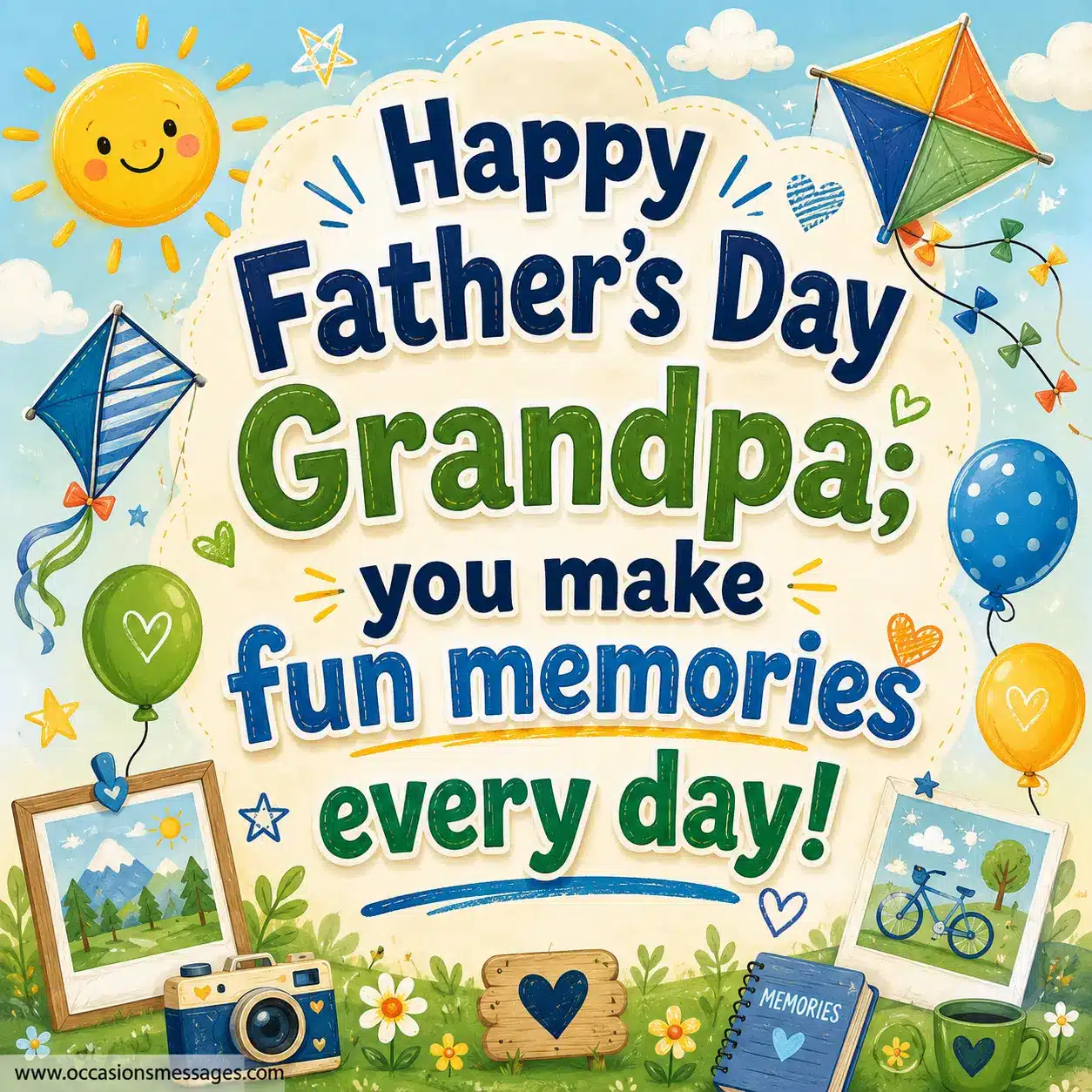 Playful Grandpa Father's Day quote image with colorful balloons, memory-themed illustrations, and joyful elements celebrating fun family moments and cherished memories.