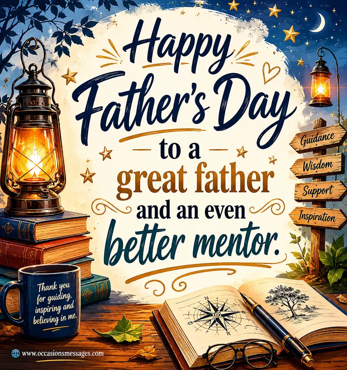 Inspirational Father's Day quote image for father-in-law featuring mentor symbolism, books, lanterns, and a heartfelt appreciation message about guidance and wisdom.