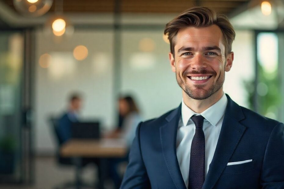Confident candidate getting ready for a job interview with positive good luck vibes in a modern office setting
