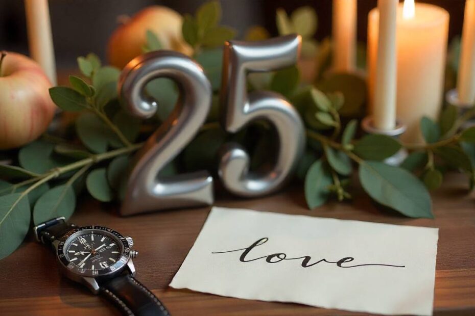 Silver 25th anniversary setup with elegant candles, wristwatch, and love note for husband.