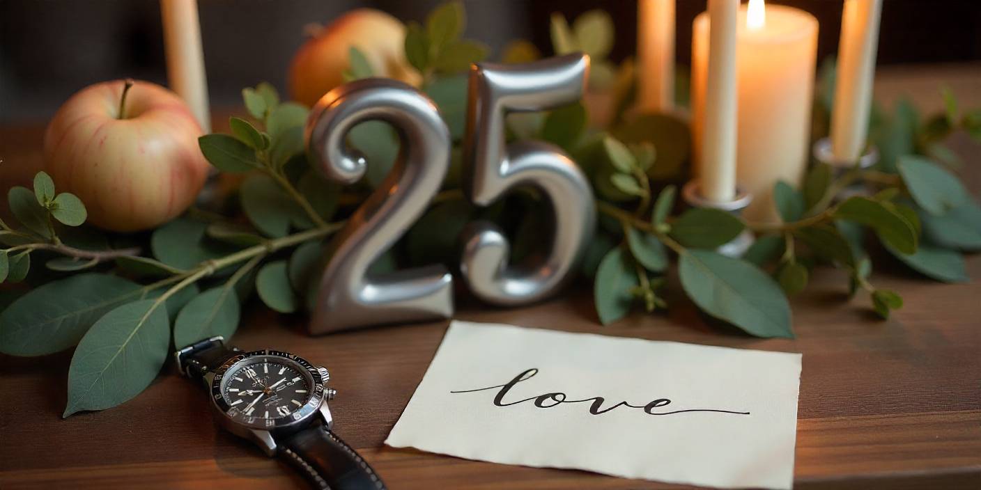 Silver 25th anniversary setup with elegant candles, wristwatch, and love note for husband.
