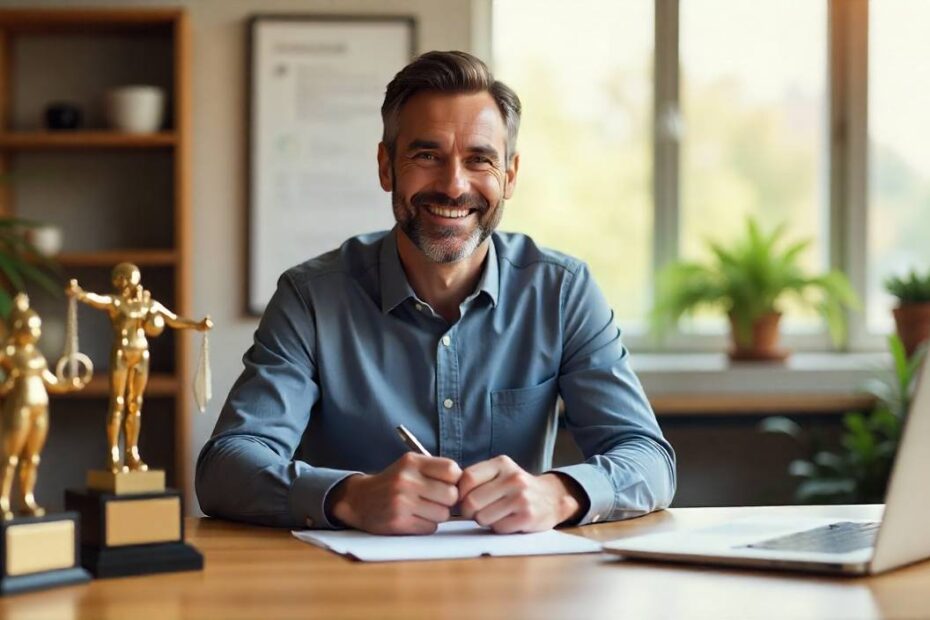 Professional congratulation-themed image showing a male boss in a modern office celebrating achievement.