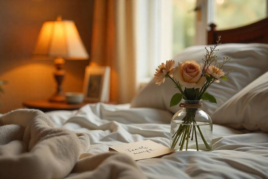 Warm get well soon image with flowers, soft lighting, and a comforting bedroom setting with a message card.