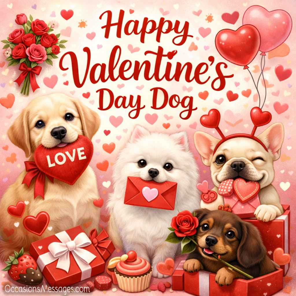 Adorable dog holding a red heart on a Valentine’s Day background with the text Happy Valentine’s Day Dog.