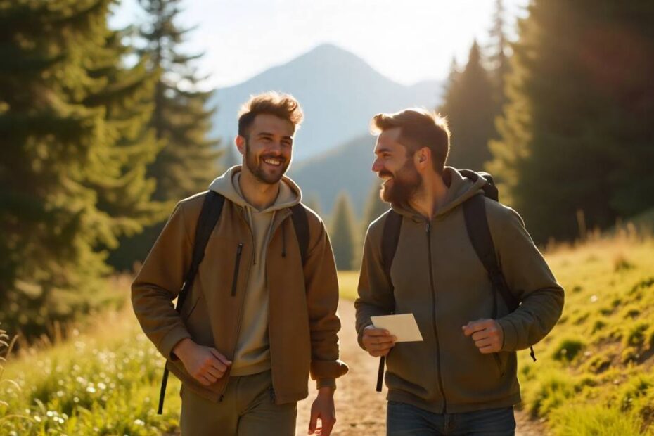 Friendship messages for him with two male friends hiking in nature and sharing a friendship card
