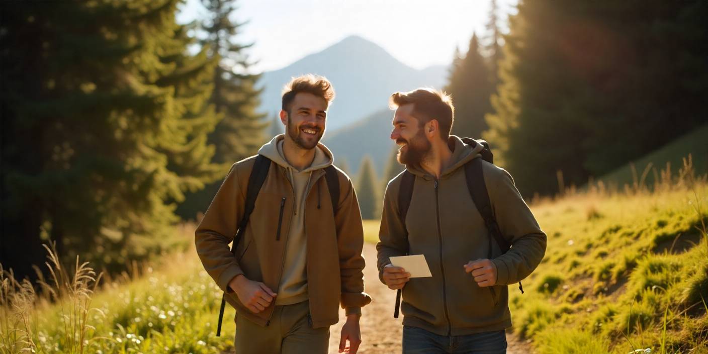 Friendship messages for him with two male friends hiking in nature and sharing a friendship card