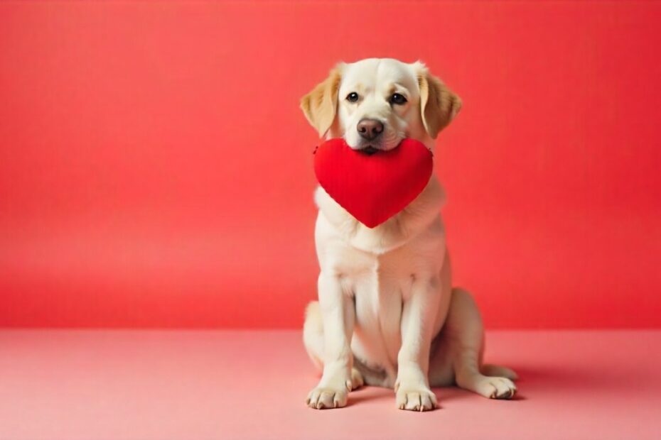 Happy Valentine’s Day dog holding a heart cushion with romantic decorations and warm festive background