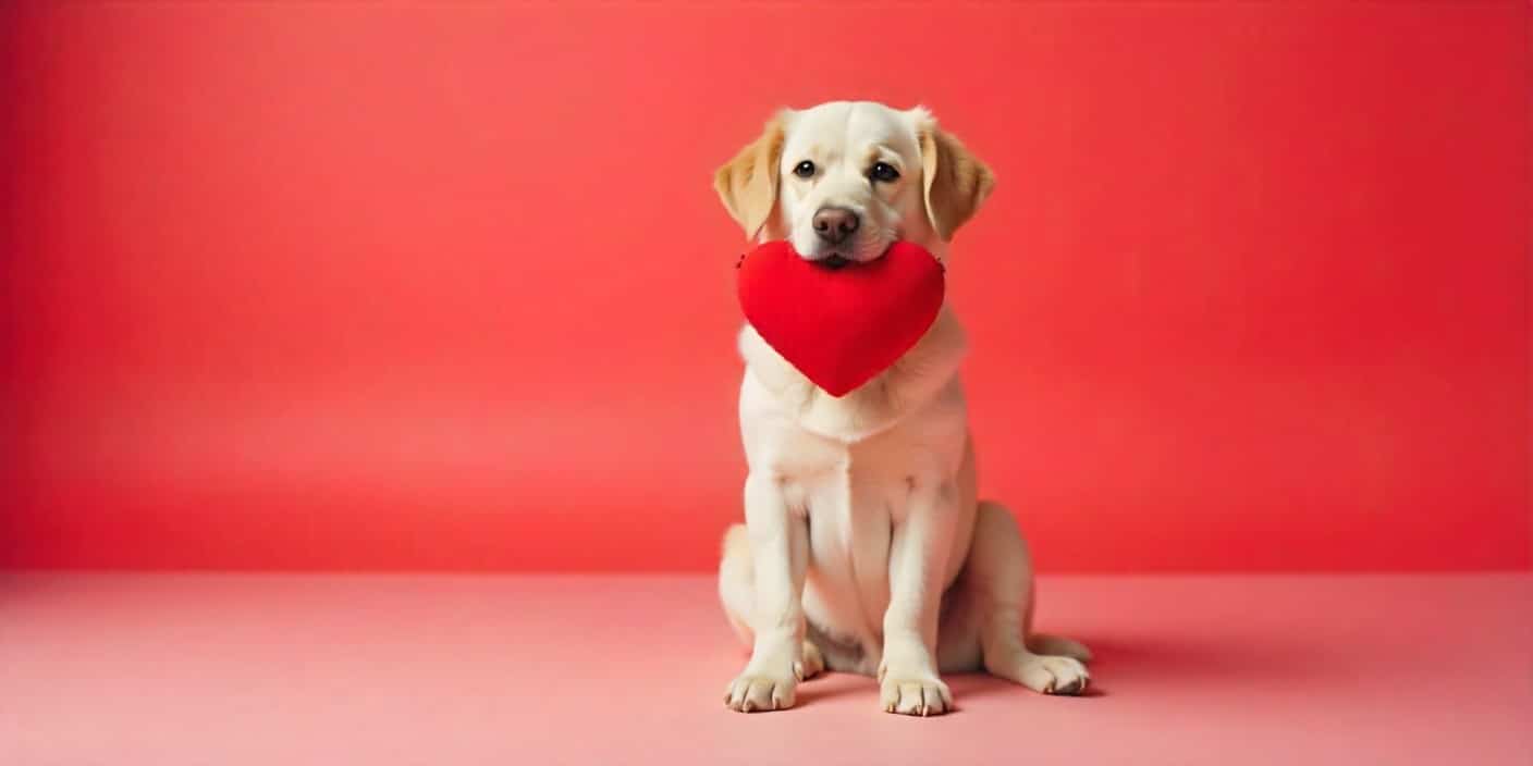 Happy Valentine’s Day dog holding a heart cushion with romantic decorations and warm festive background