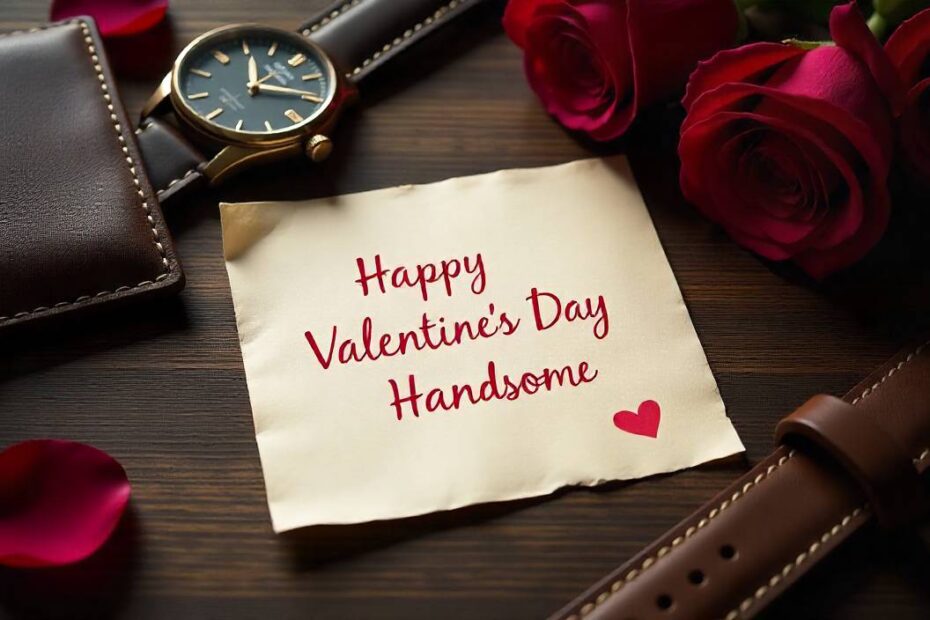 Happy Valentine’s Day Handsome message with masculine Valentine flat lay, handwritten note, watch, roses, and elegant romantic style