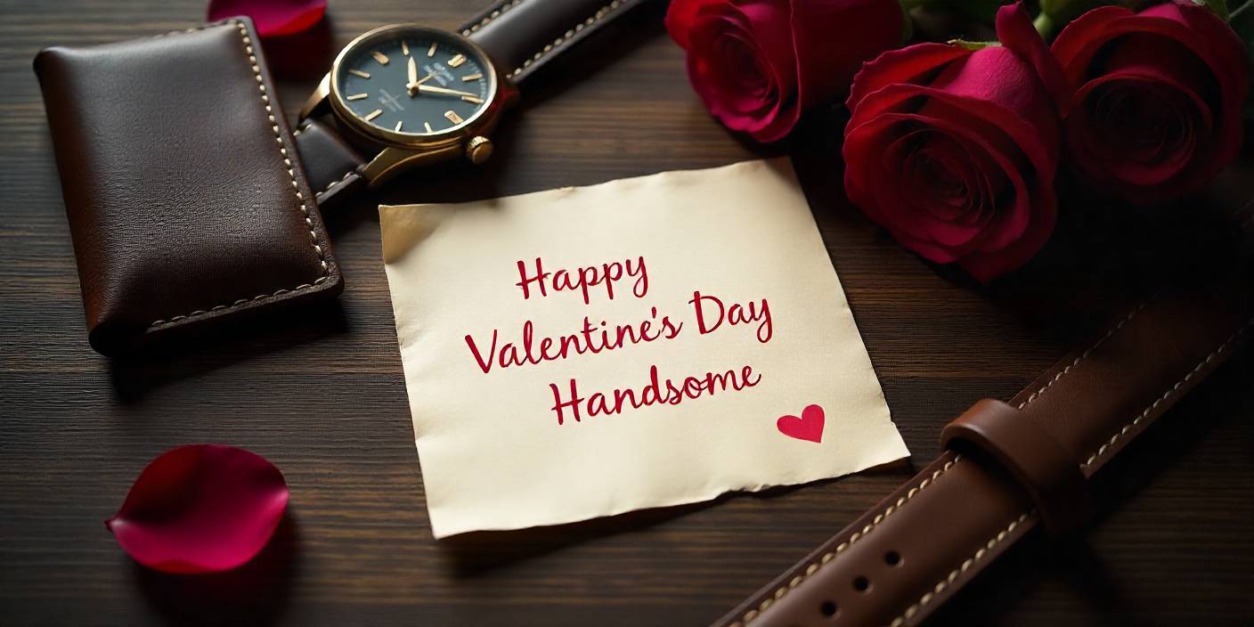Happy Valentine’s Day Handsome message with masculine Valentine flat lay, handwritten note, watch, roses, and elegant romantic style