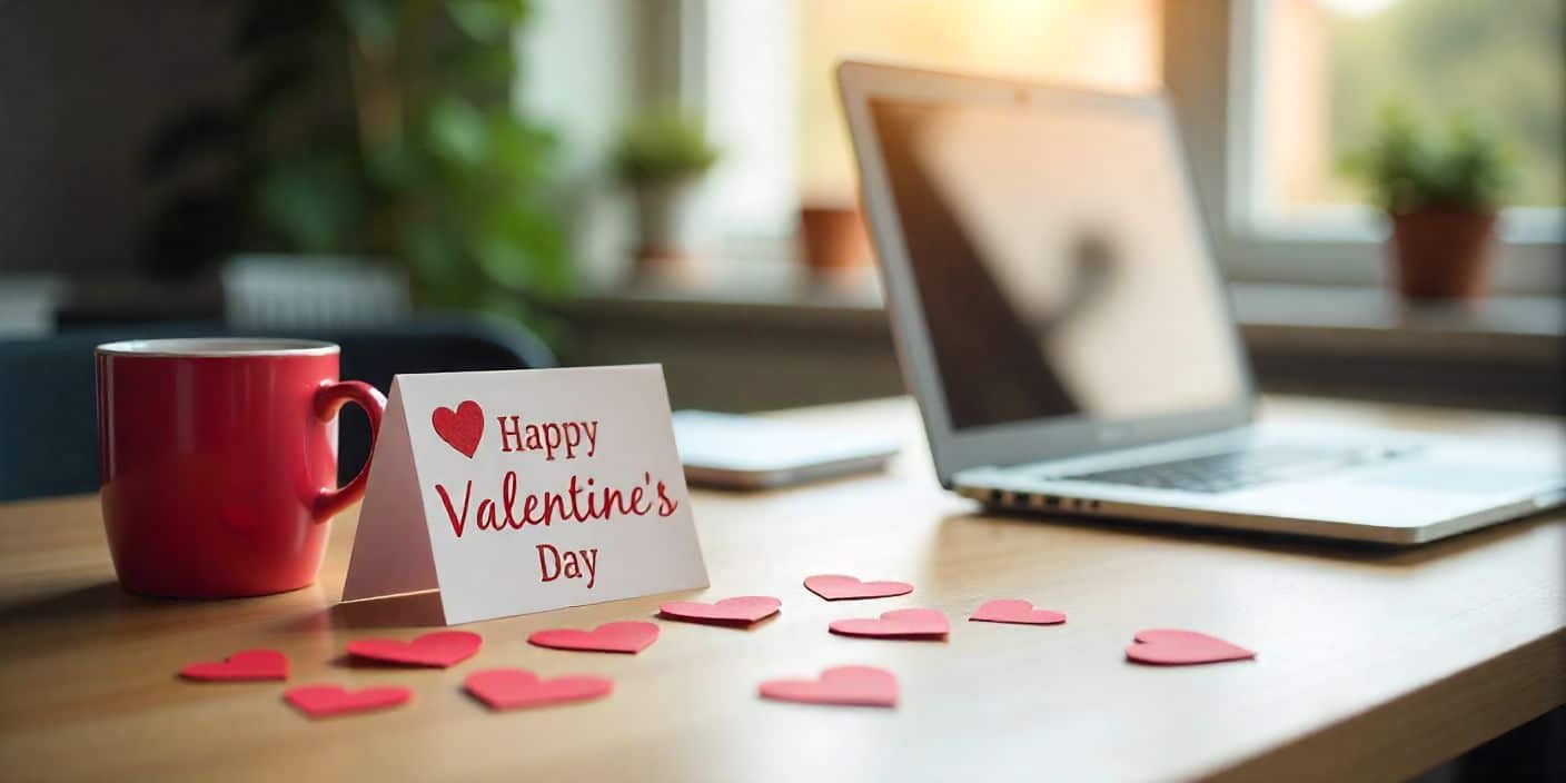 Happy Valentine's Day office messages with decorated desk, heart cutouts, and greeting card