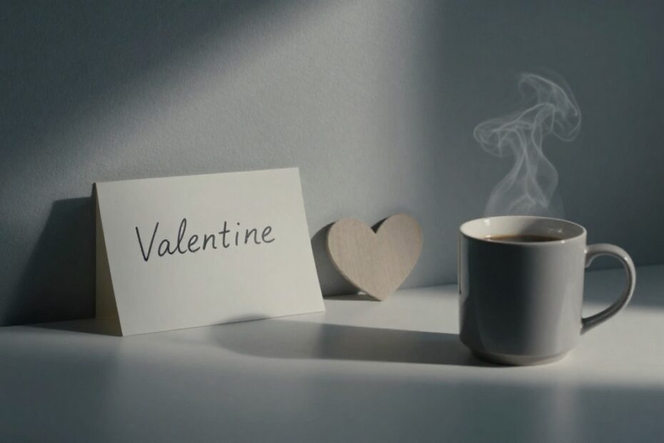 Self love Valentine’s Day flat lay with handwritten message, coffee mug, heart decorations, and cozy aesthetic