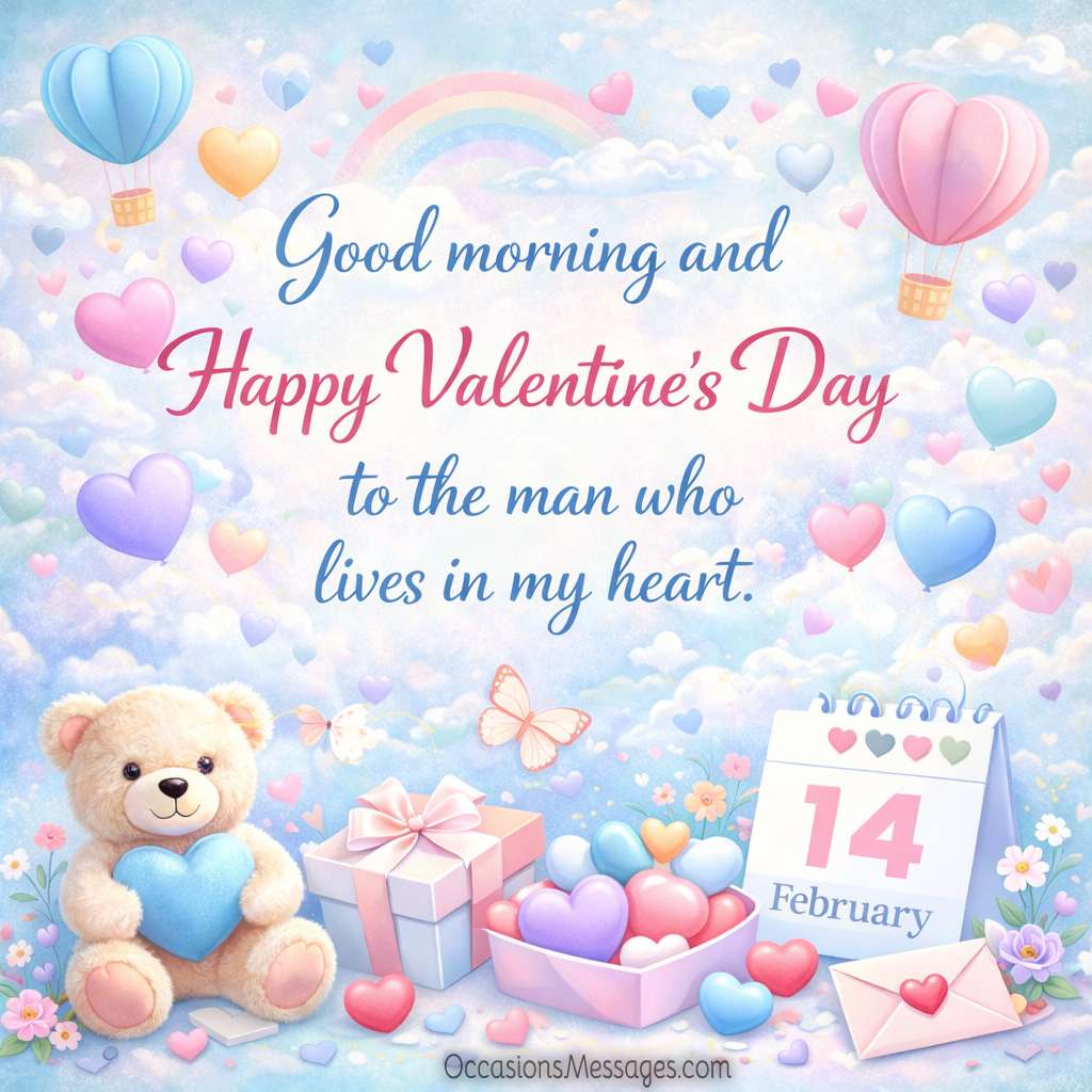 Romantic good morning Valentine messages for him with soft sunrise tones.