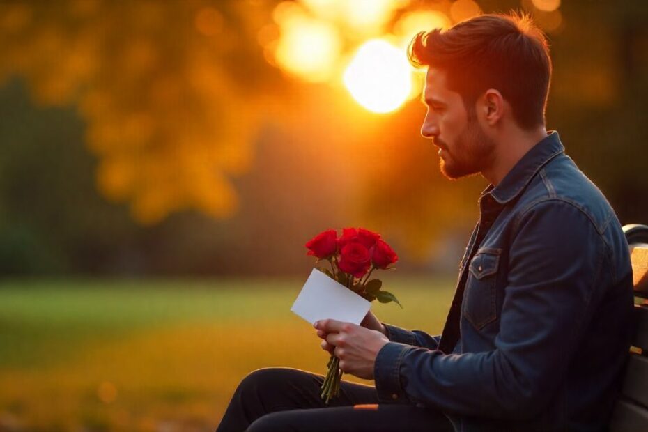Man holding roses and an apology card on a park bench at sunset, warm lighting, romantic scene.