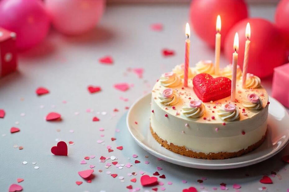 Valentine birthday wishes with decorated cake, balloons, gifts, and candles, for romantic celebration style