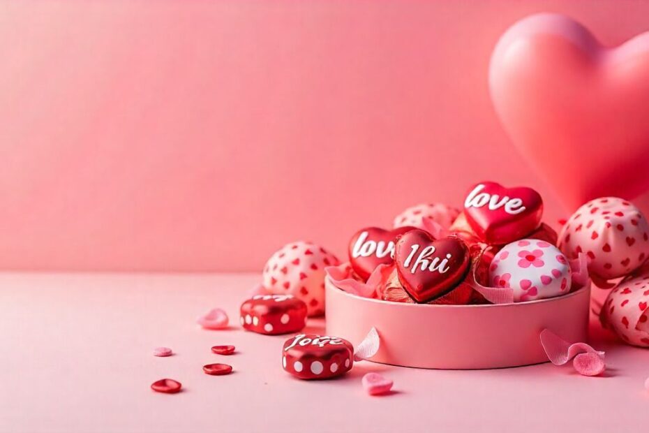 Valentine candy messages with heart-shaped candies and chocolates