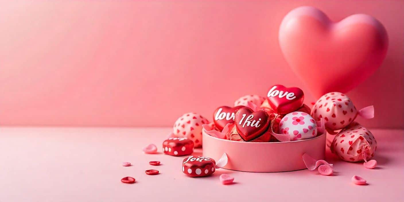 Valentine candy messages with heart-shaped candies and chocolates