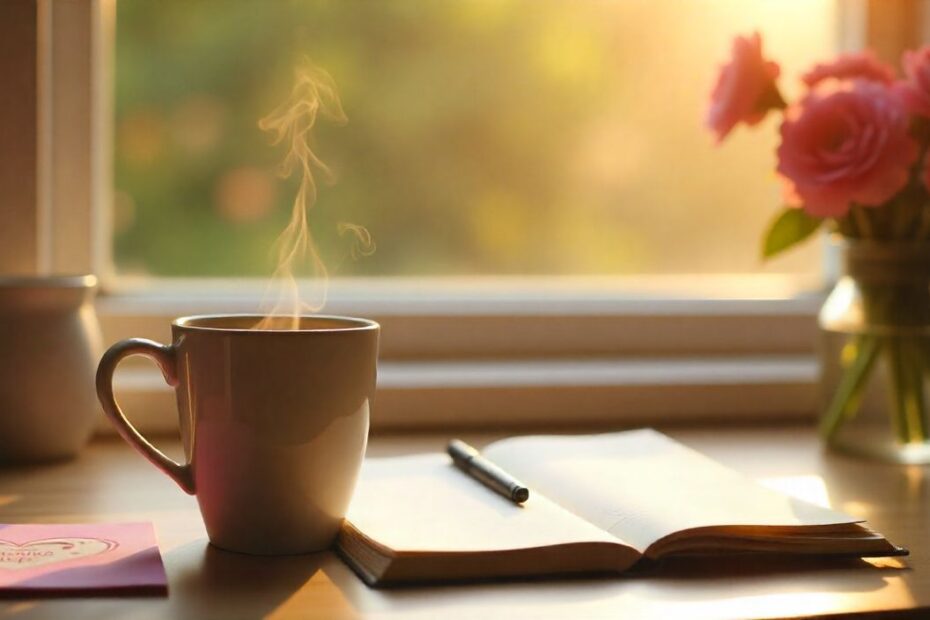 Valentine good morning messages with coffee, greeting card, and soft morning light on a cozy table