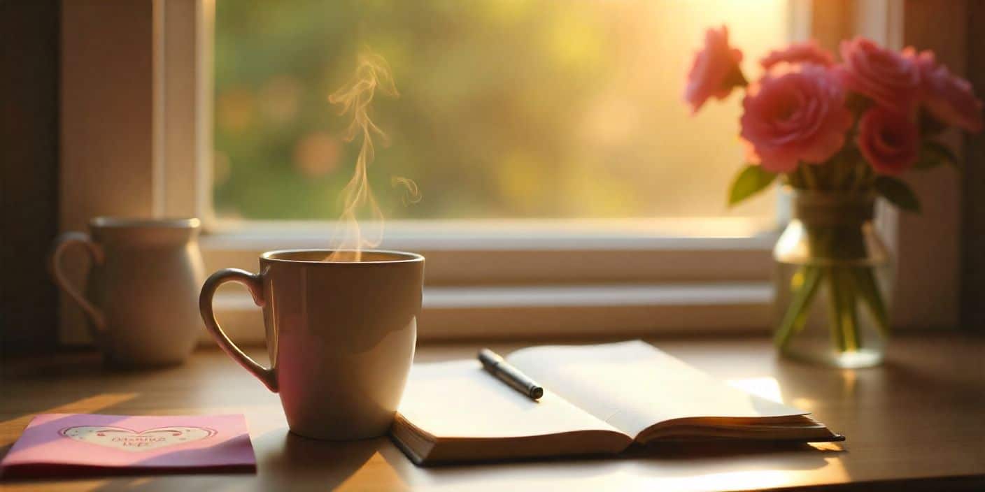 Valentine good morning messages with coffee, greeting card, and soft morning light on a cozy table
