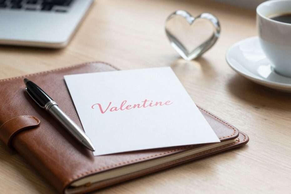 Valentine messages for boss displayed on a professional office desk with greeting card and work accessories