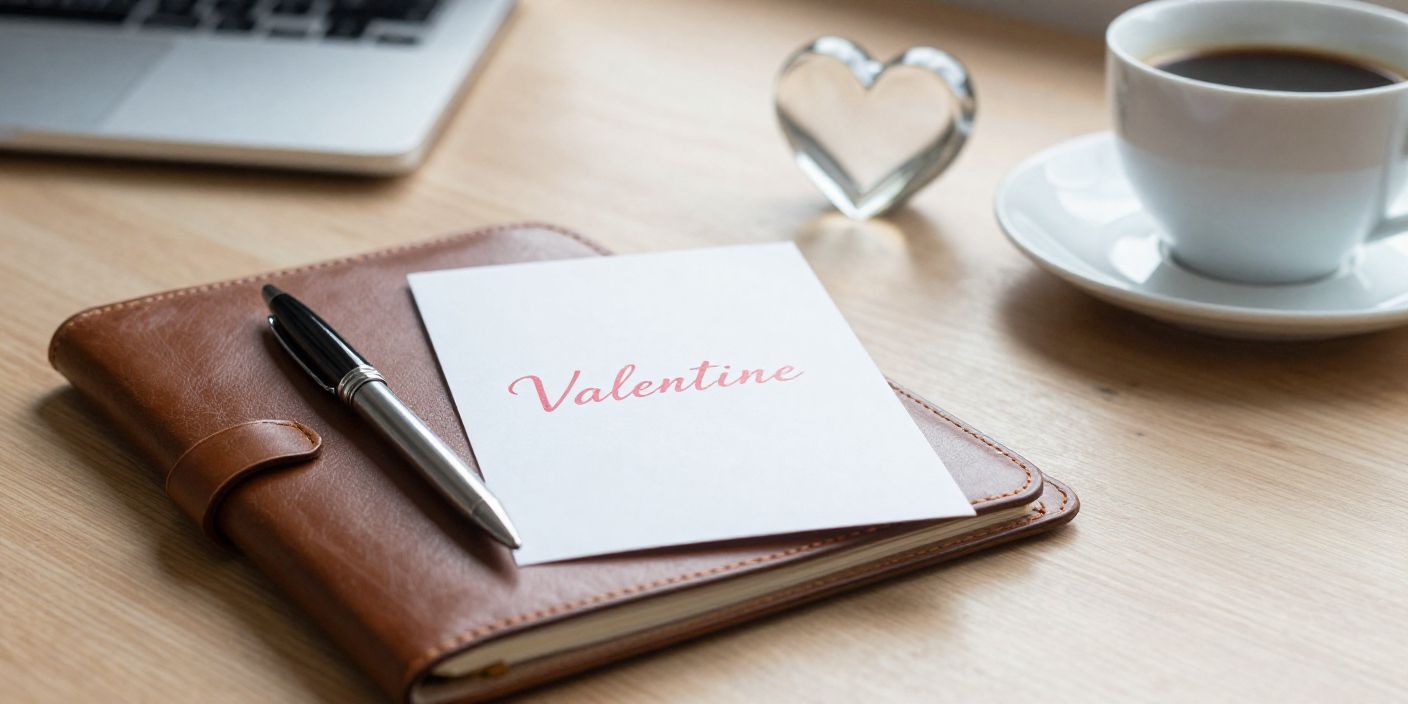 Valentine messages for boss displayed on a professional office desk with greeting card and work accessories