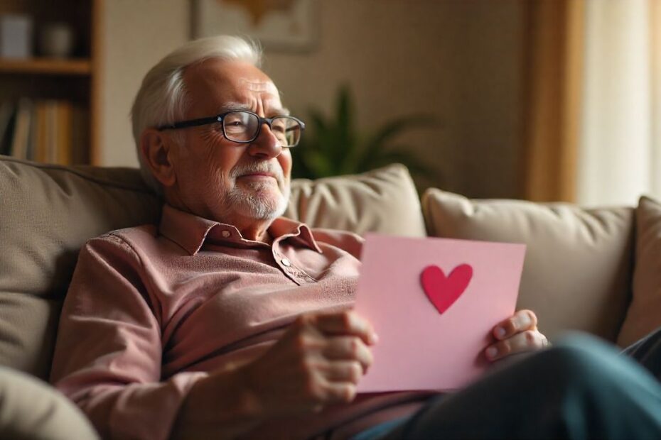 Valentine messages for elderly man reading a heartfelt love card in a cozy and peaceful home setting