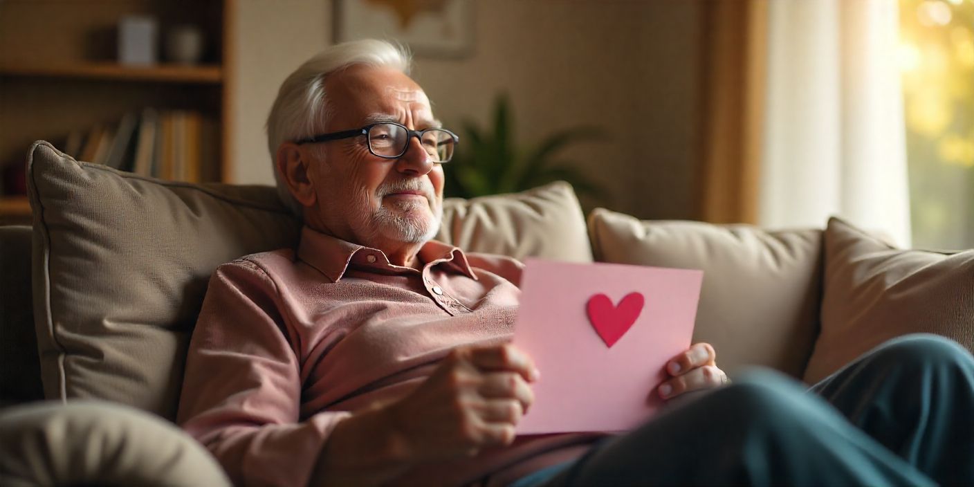 Valentine messages for elderly man reading a heartfelt love card in a cozy and peaceful home setting