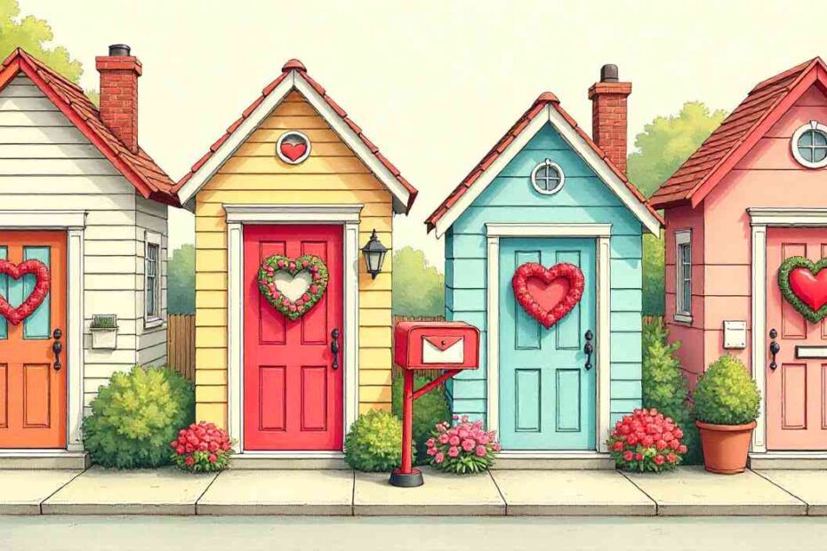 Valentine messages for neighbors illustrated through decorated doors, shared mailboxes, and heart themed neighborhood scene