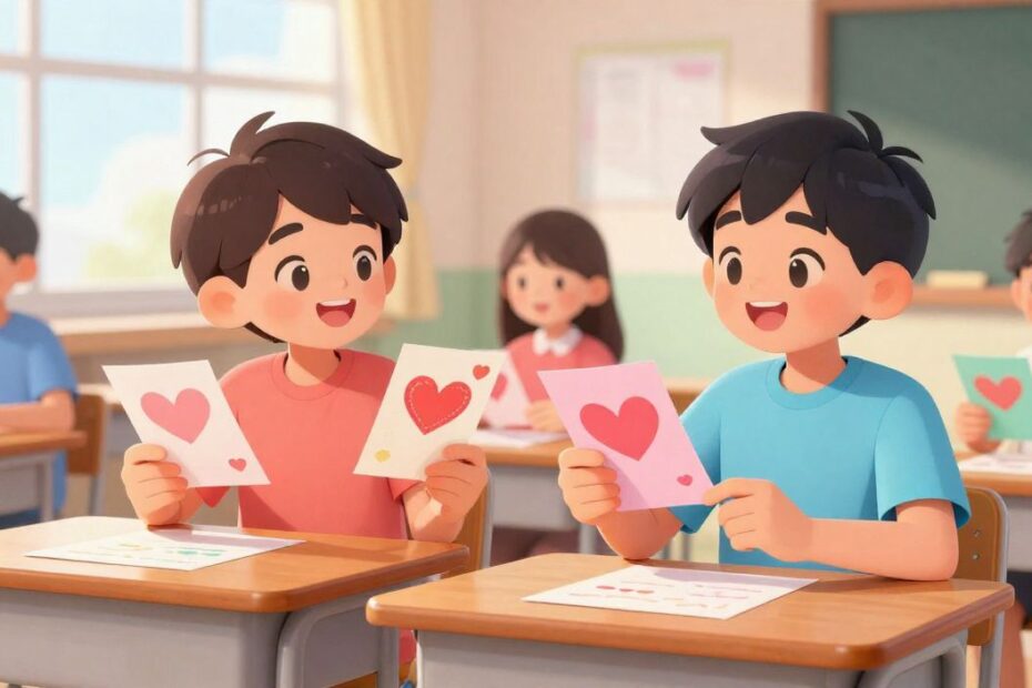 students exchanging Valentine cards in a decorated classroom, bright daylight, cheerful and friendly scene.