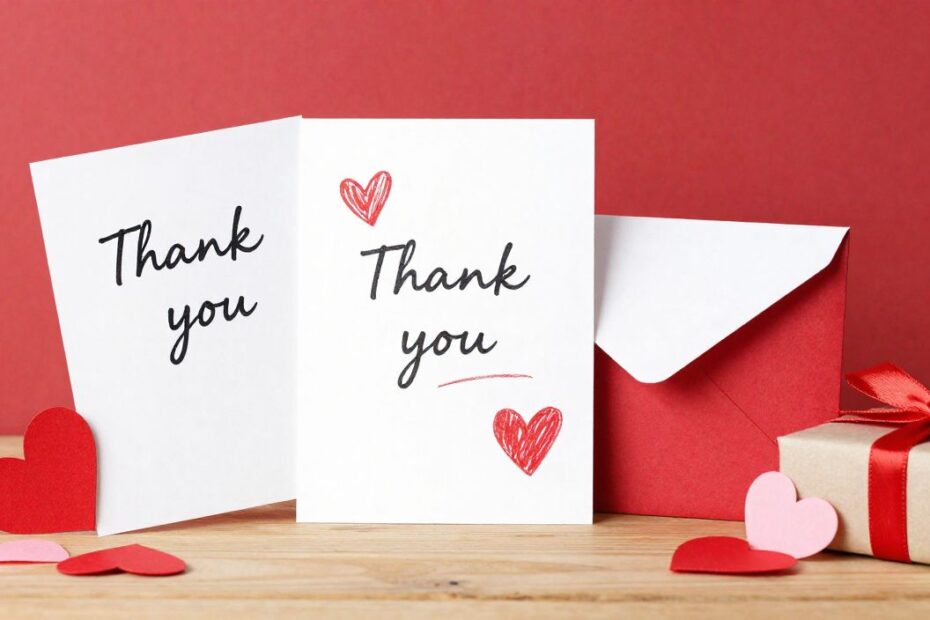 Valentine thank you messages concept with greeting cards, envelopes, heart decorations, and gift box on table