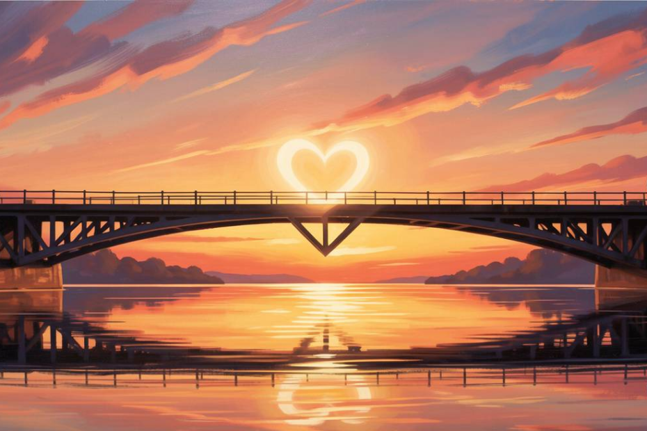 Symbolic bridge with two male silhouettes and glowing heart at sunrise representing trust and connection in love.