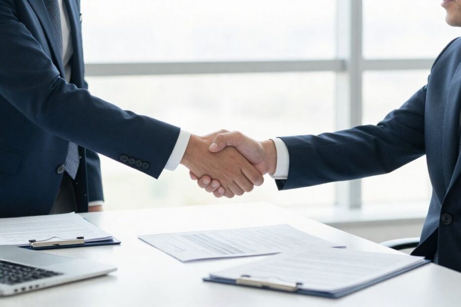 Two businessmen shaking hands in a modern office representing trust and professional client relationship.
