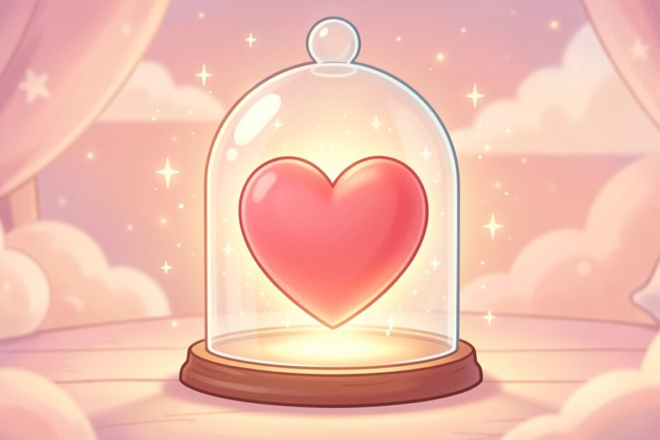 Cartoon glowing heart inside a glass dome with sparkles symbolizing trust, protection, and love for her.