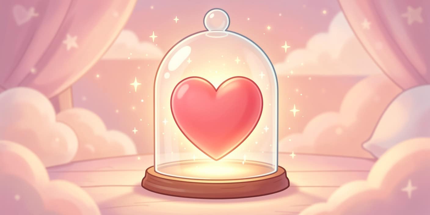 Cartoon glowing heart inside a glass dome with sparkles symbolizing trust, protection, and love for her.