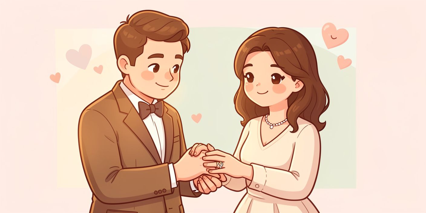 Cartoon married couple holding hands with wedding rings and hearts representing trust and love in marriage.