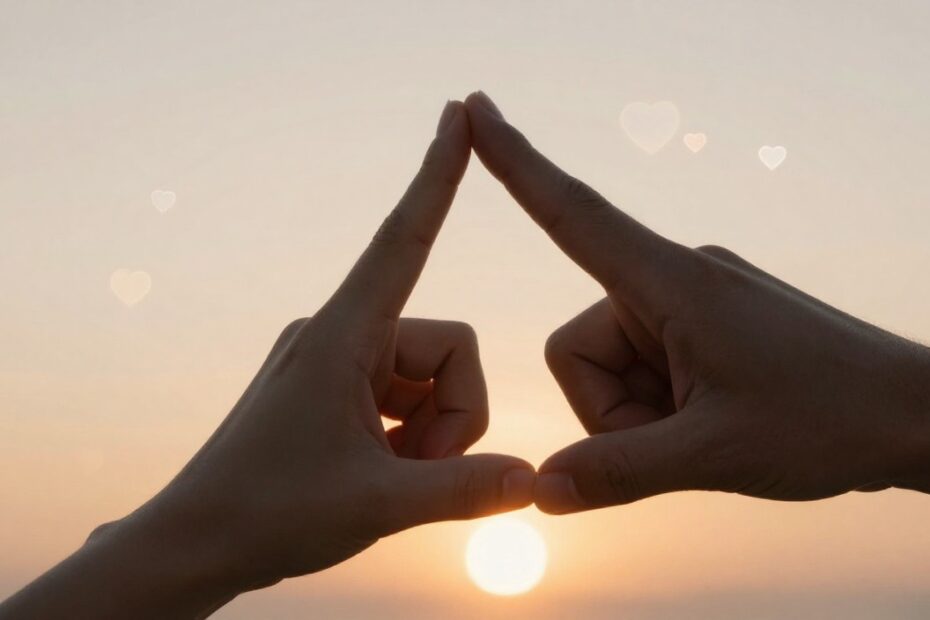 Two hands making a promise gesture at sunset with soft hearts symbolizing trust and commitment in love.