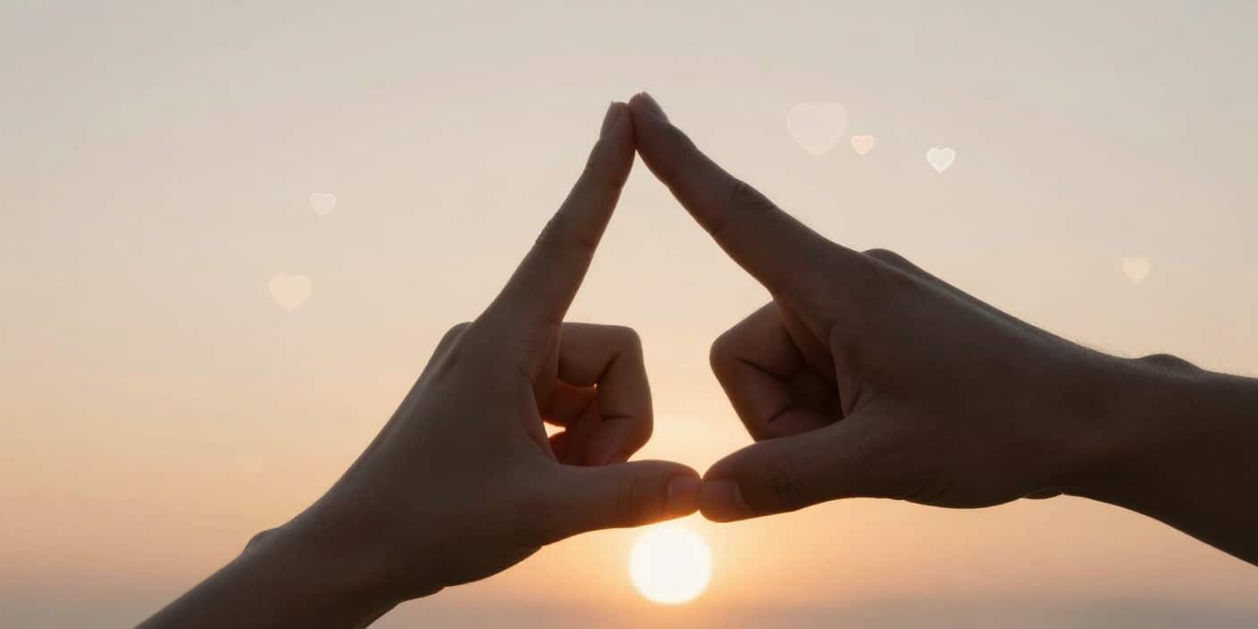 Two hands making a promise gesture at sunset with soft hearts symbolizing trust and commitment in love.