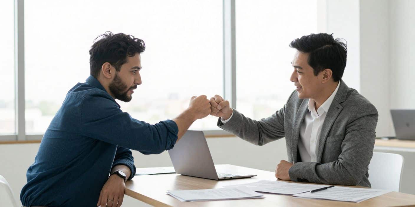 Two male coworkers giving a supportive fist bump in a modern office representing encouragement