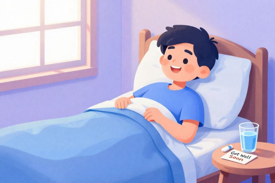 Cartoon man resting in bed with medicine and a get well soon card representing recovery and supportive wishes.