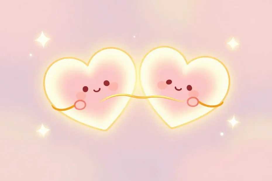 Cartoon glowing hearts connected by a golden thread with sparkles representing deep love and trust.