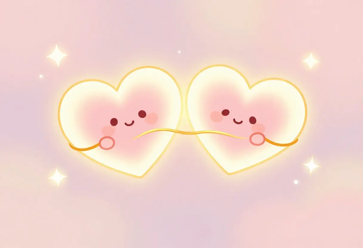 Cartoon glowing hearts connected by a golden thread with sparkles representing deep love and trust.