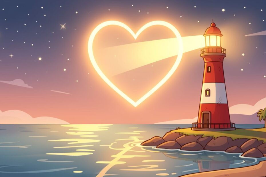 Cartoon lighthouse with heart-shaped light over calm sea symbolizing trust, guidance, and reliability in love.
