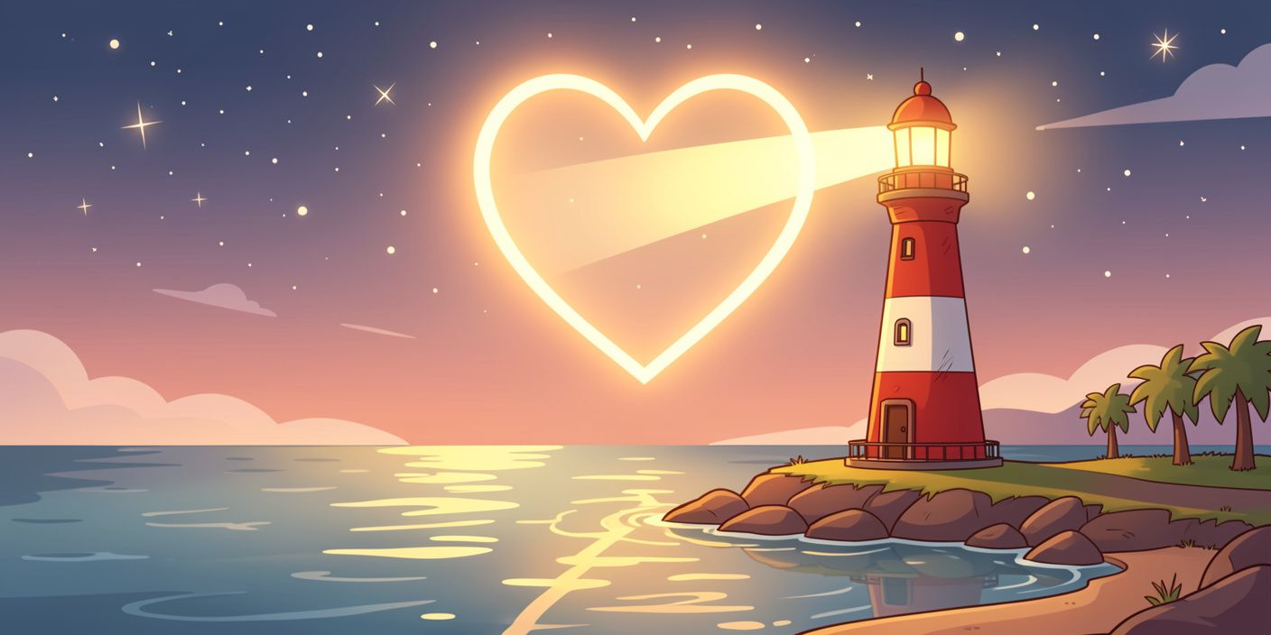 Cartoon lighthouse with heart-shaped light over calm sea symbolizing trust, guidance, and reliability in love.