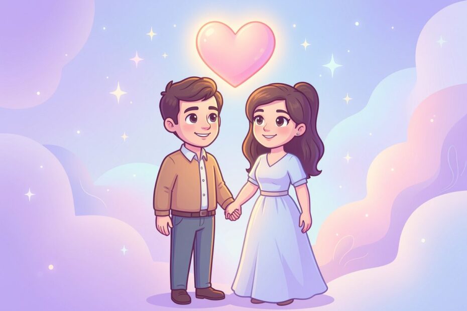 Cartoon married couple holding hands with a glowing heart representing trust and deep love for a husband.