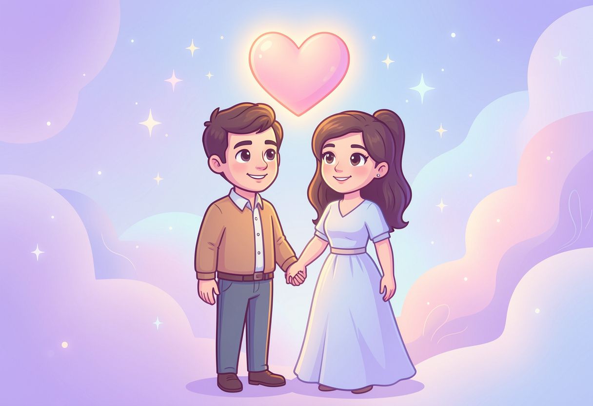 Cartoon married couple holding hands with a glowing heart representing trust and deep love for a husband.