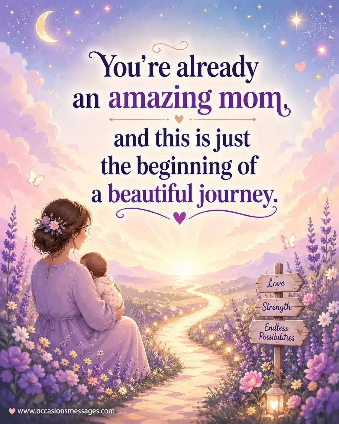 A dreamy pastel path leading into a magical horizon filled with light and flowers, illustrating the beginning of a beautiful motherhood journey.