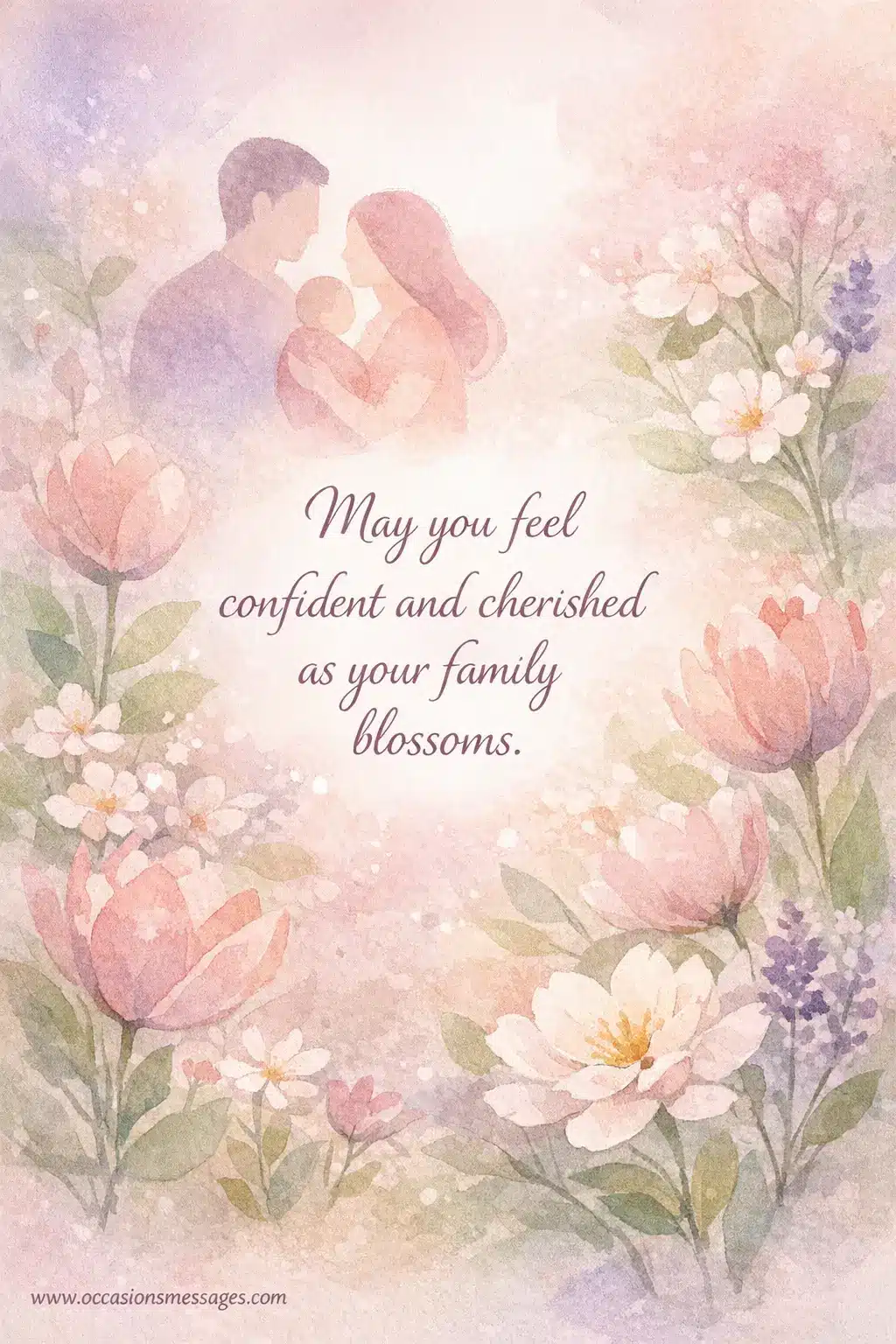 Soft watercolor garden scene symbolizing family growth with blooming flowers and a gentle quote expressing confidence and love during pregnancy.